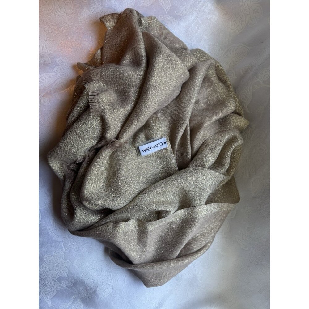 Calvin Klein Solid Gold Metallic Wrap Scarf Swimsuit CoverUp Oversized Nordstrom - Picture 7 of 12